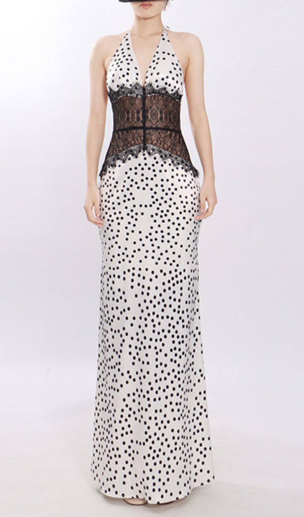 Jezziel Chic Polka Dot & Lace Halter Maxi Dress - Elegant Women's Gown