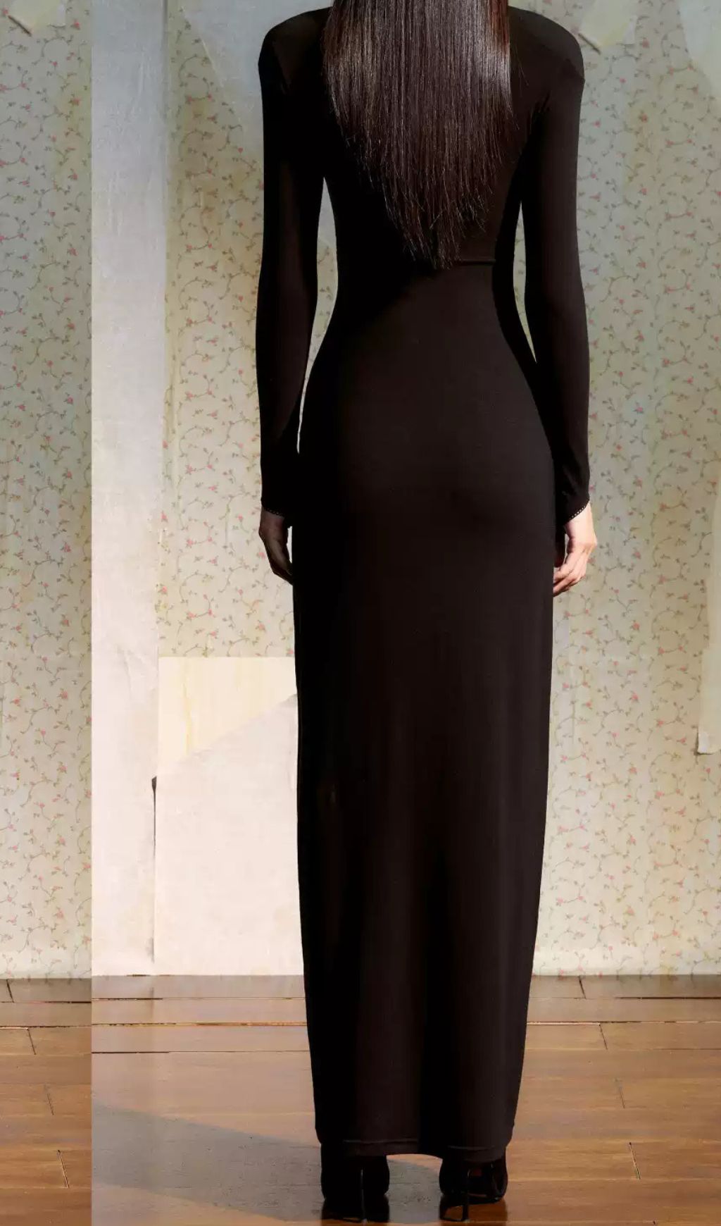 Juanita Ethereal Black Long Sleeve Maxi Dress - Art Print Bodice