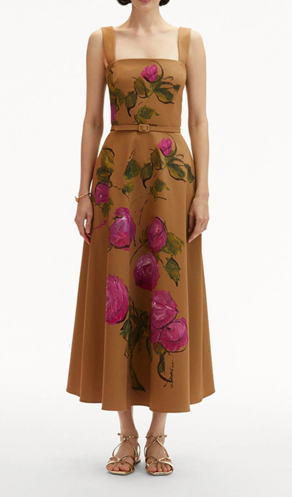 Floria Flower Printed Belt Midi Dress