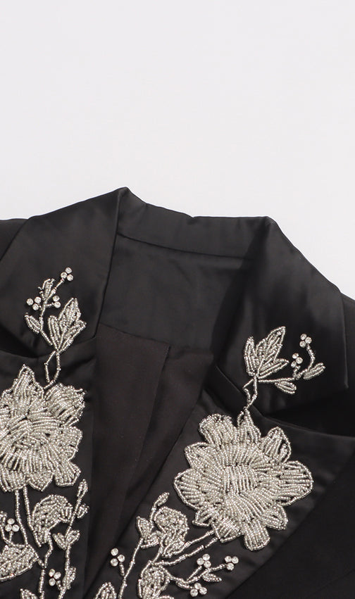 Ilonka Black Floral Beaded Maxi Dress - Elegant Long Sleeve Formal Gown