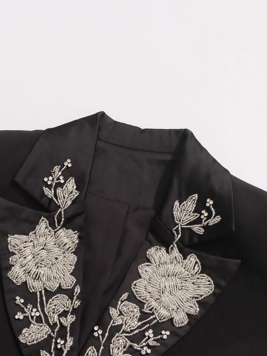 Ilonka Black Floral Beaded Maxi Dress - Elegant Long Sleeve Formal Gown