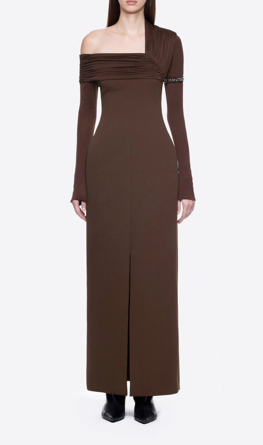 Katelynn Coffee Brown Ruched Off-Shoulder Maxi Dress | Elegant Evening Gown