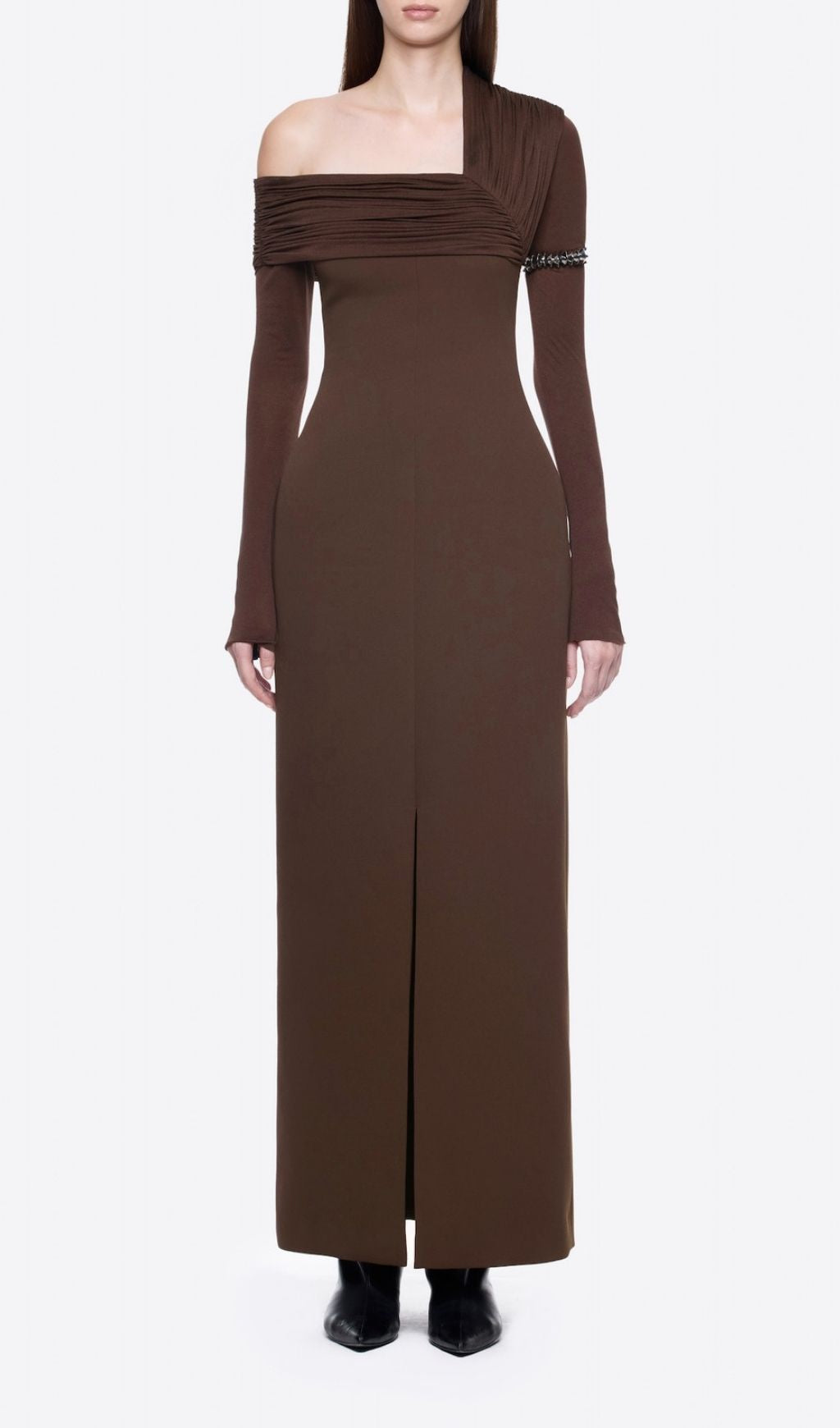 Katelynn Coffee Brown Ruched Off-Shoulder Maxi Dress | Elegant Evening Gown