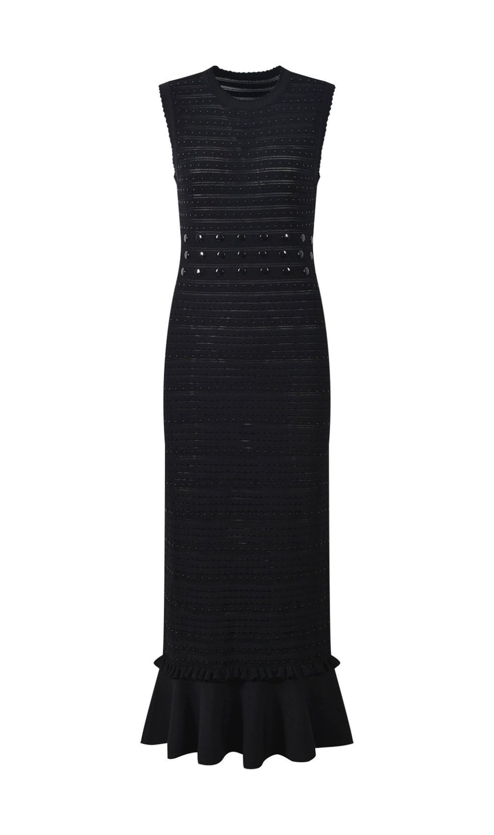 Chic Studded Knit Midi Dress | Black Sleeveless Flounce Hem