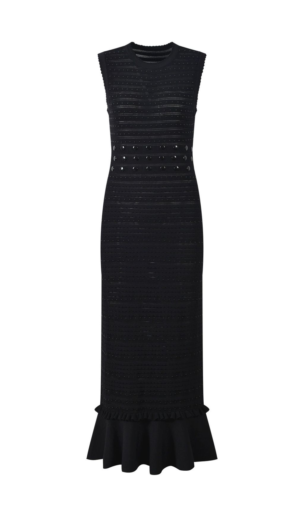 Chic Studded Knit Midi Dress | Black Sleeveless Flounce Hem