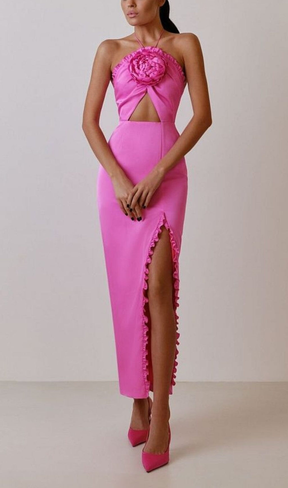Floral Embellished Slit Midi Dress In Pink