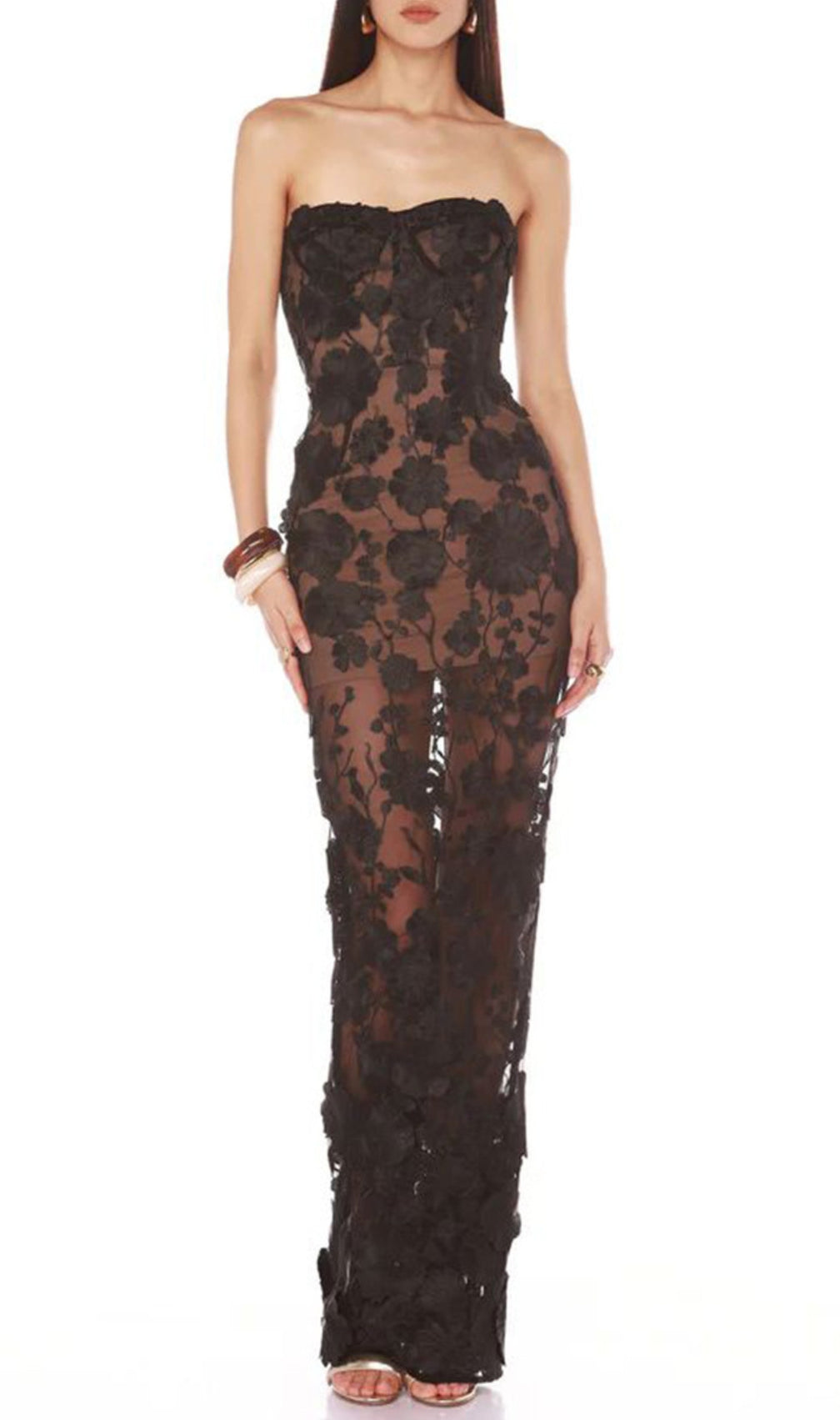 Decla Black Strapless Flower Maxi Dress