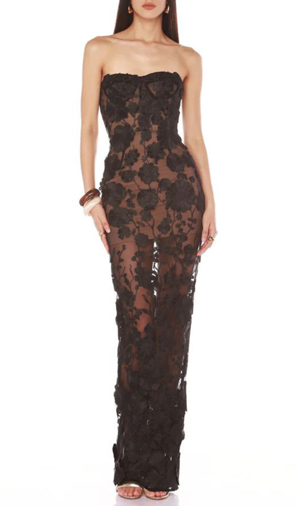 Decla Black Strapless Flower Maxi Dress