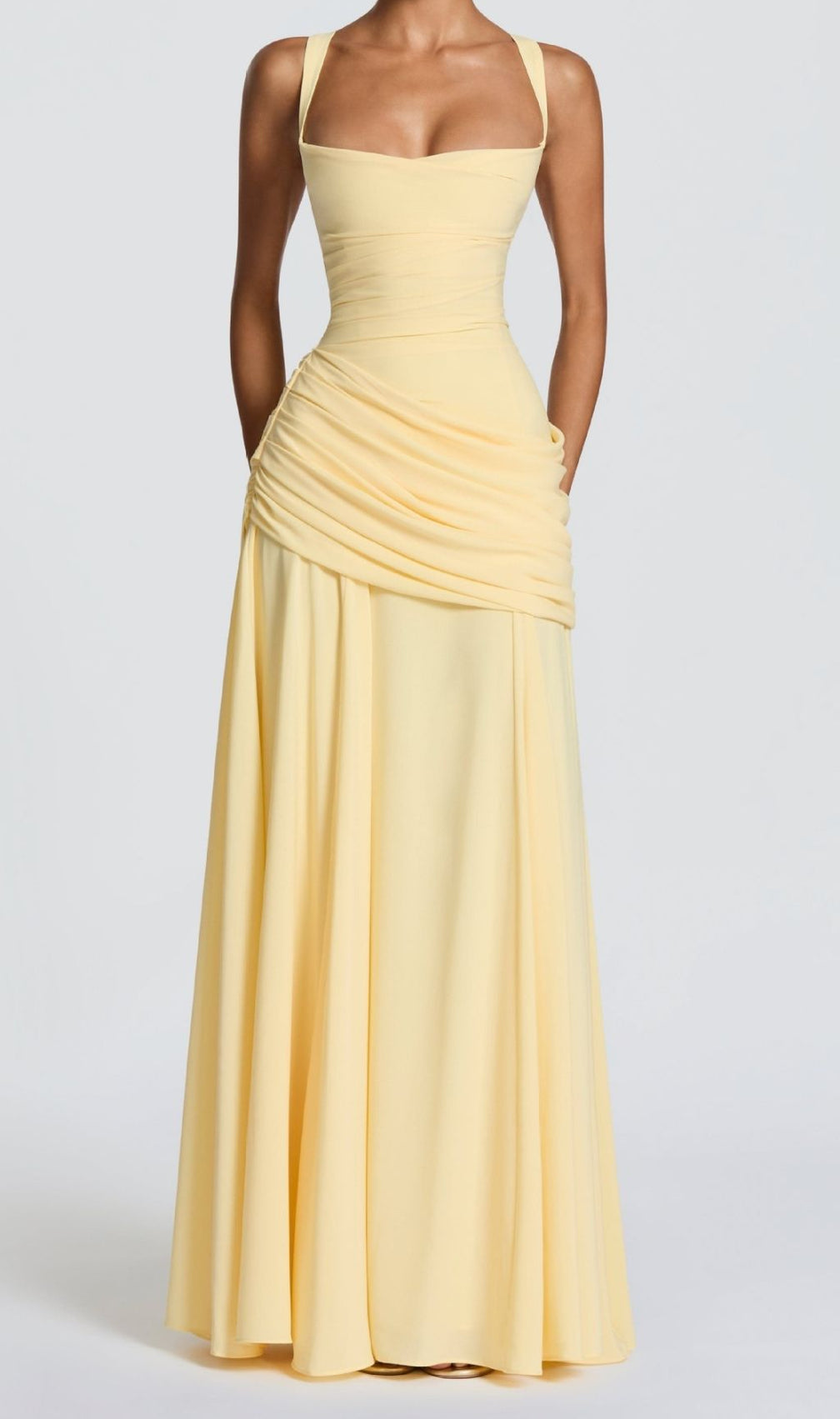 Kellie Elegant Yellow Ruched Maxi Dress | Strappy Formal Gown for Women
