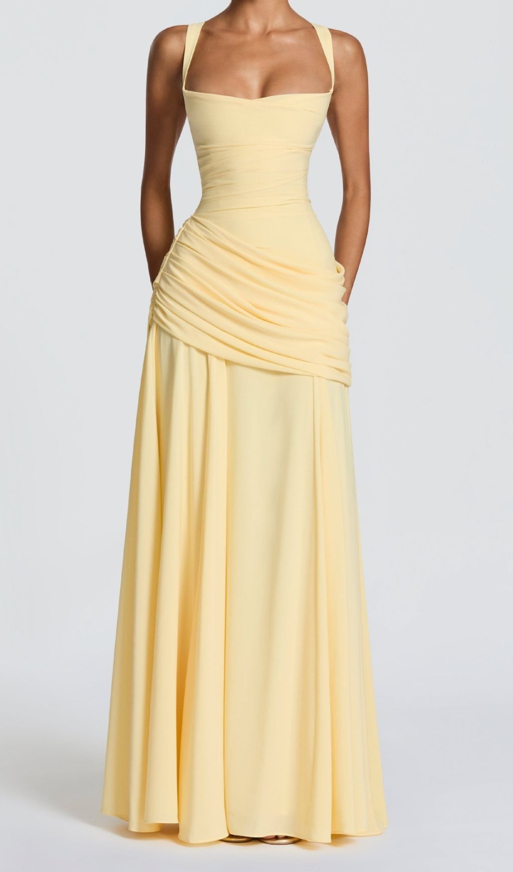Kellie Elegant Yellow Ruched Maxi Dress | Strappy Formal Gown for Women