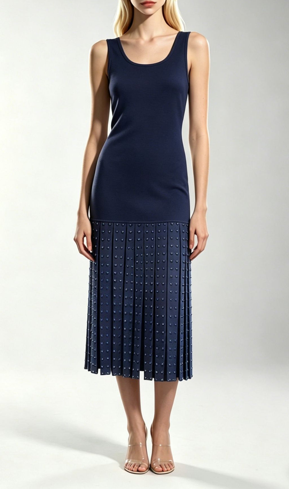 Kilikina Navy Blue Sleeveless Diamante Knit Midi Dress