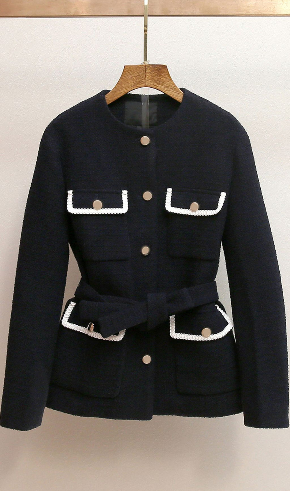 Chic Black & White Belted Tweed Jacket with Contrast Trim