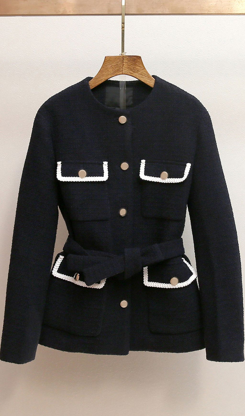 Chic Black & White Belted Tweed Jacket with Contrast Trim