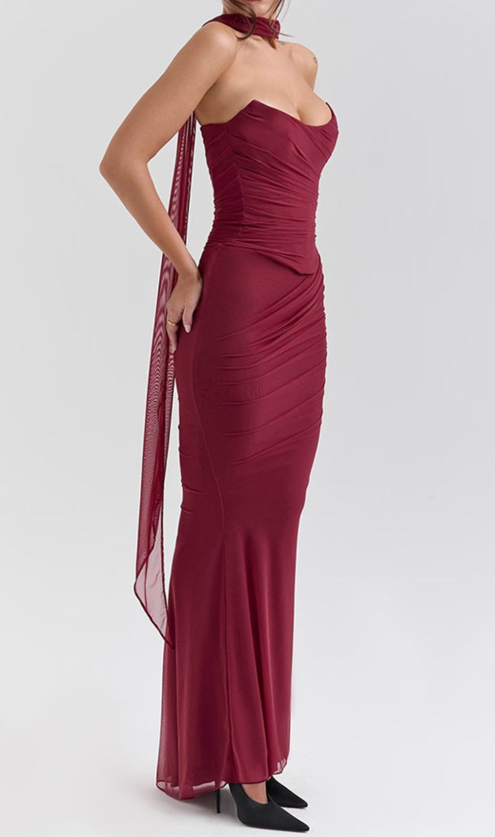 Barbie Wine Corset Top Fluted Hem Maxi Dress