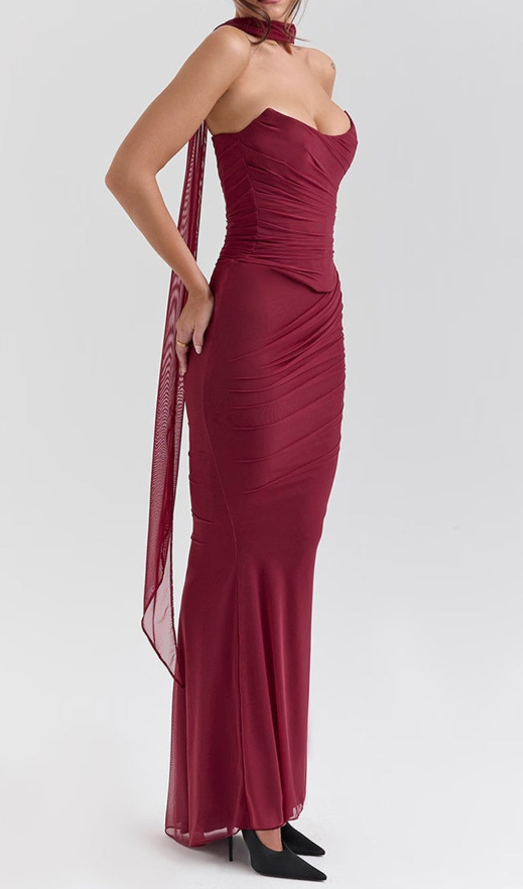 Barbie Wine Corset Top Fluted Hem Maxi Dress