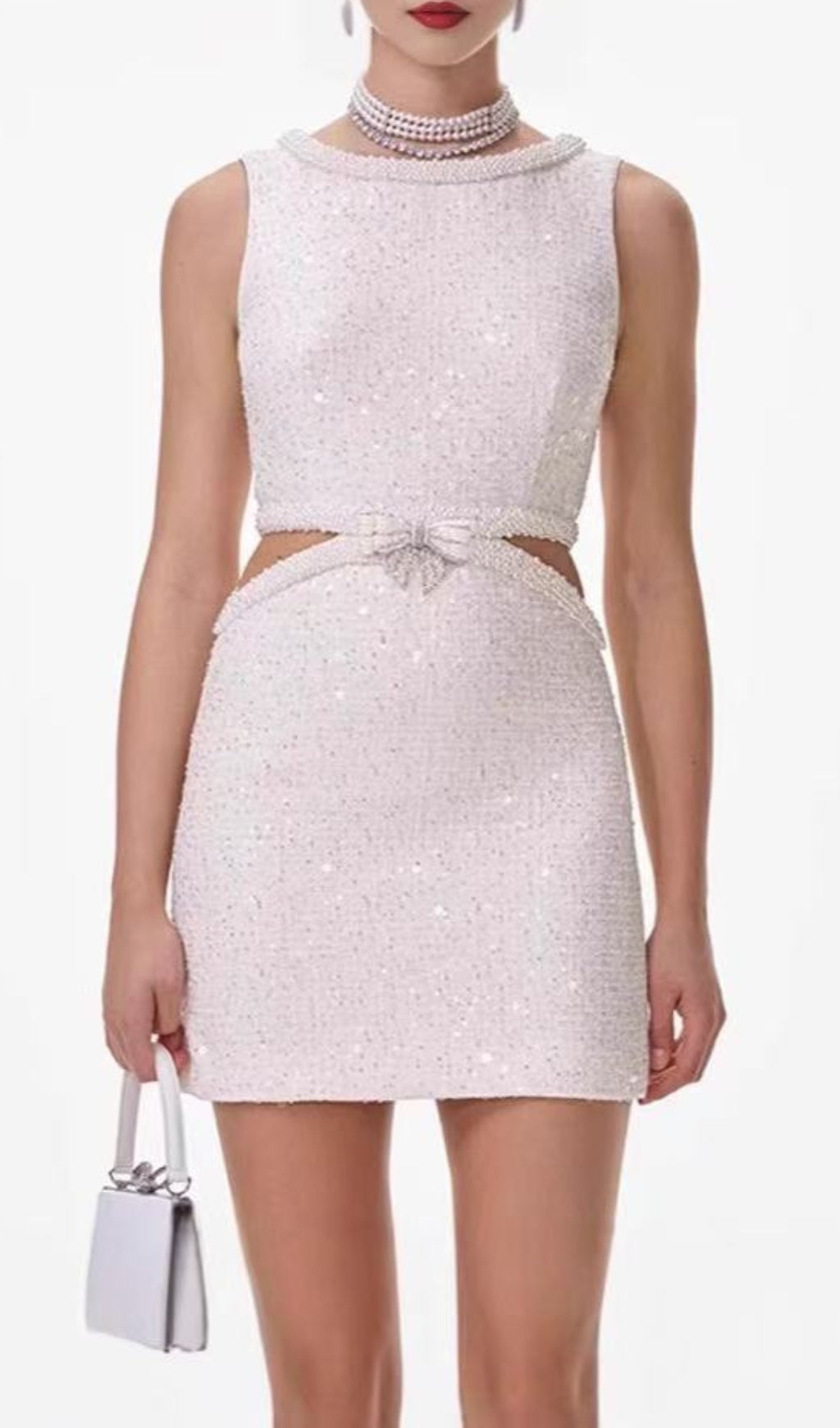 Cream Boucle Pearl Mini Dress