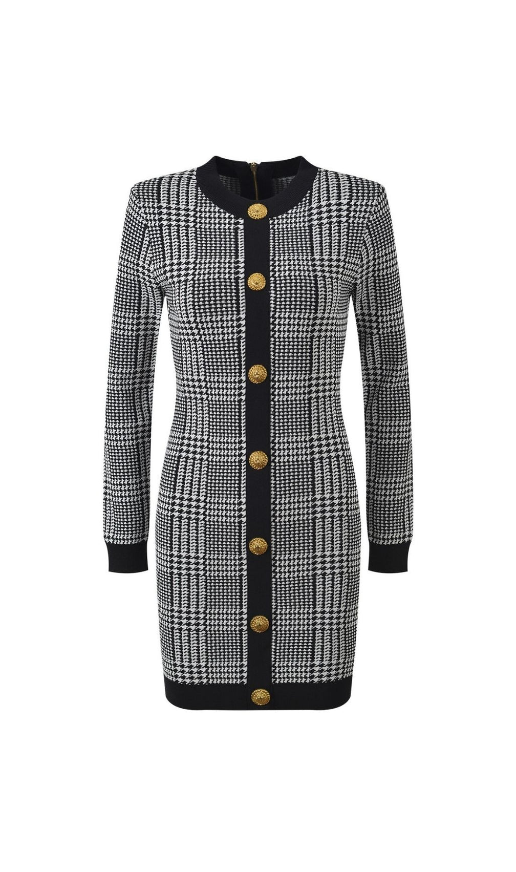 Karinda Chic Houndstooth Knit Mini Dress | Long Sleeve & Gold Buttons