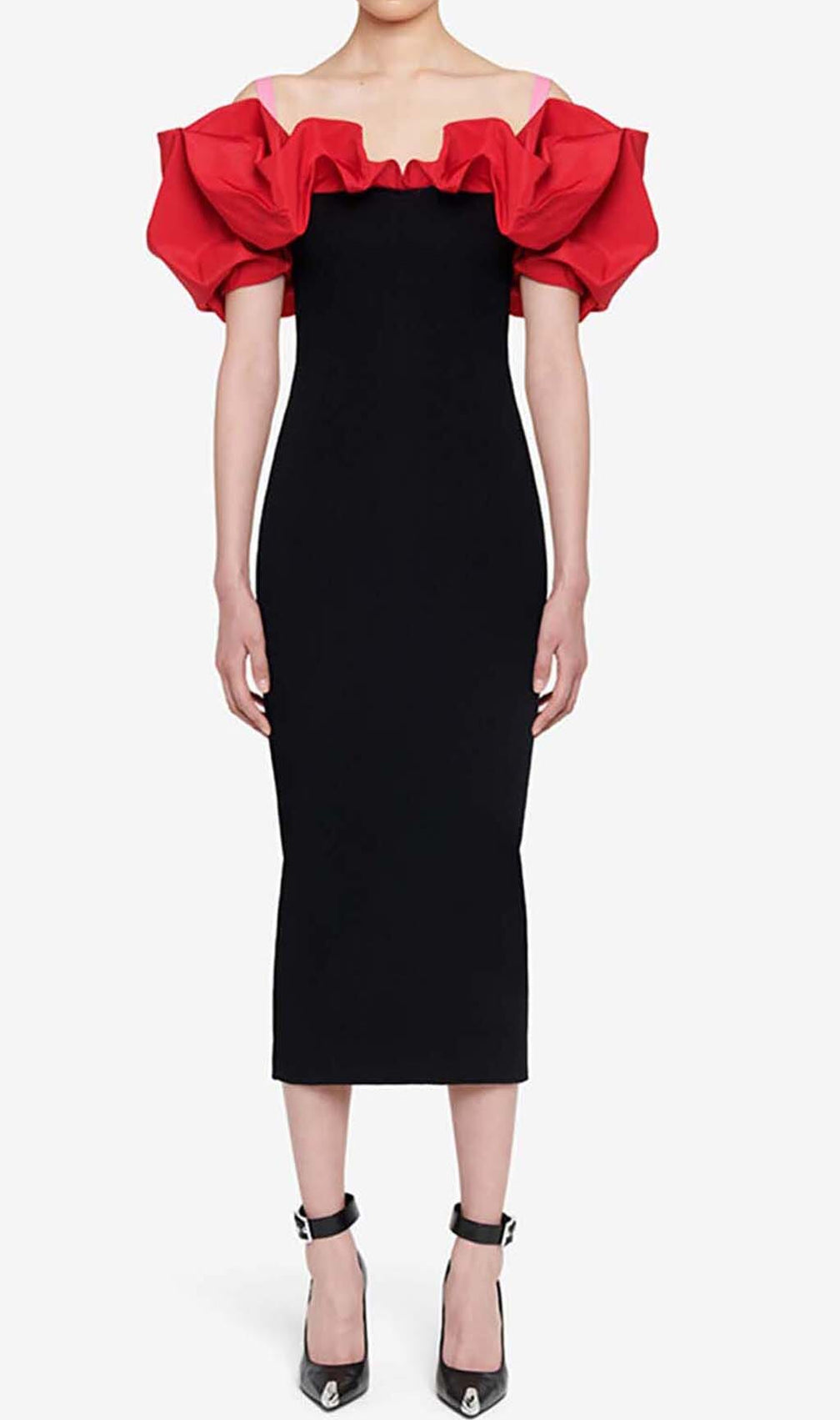 Ruffled Pencil Midi Dress In Black