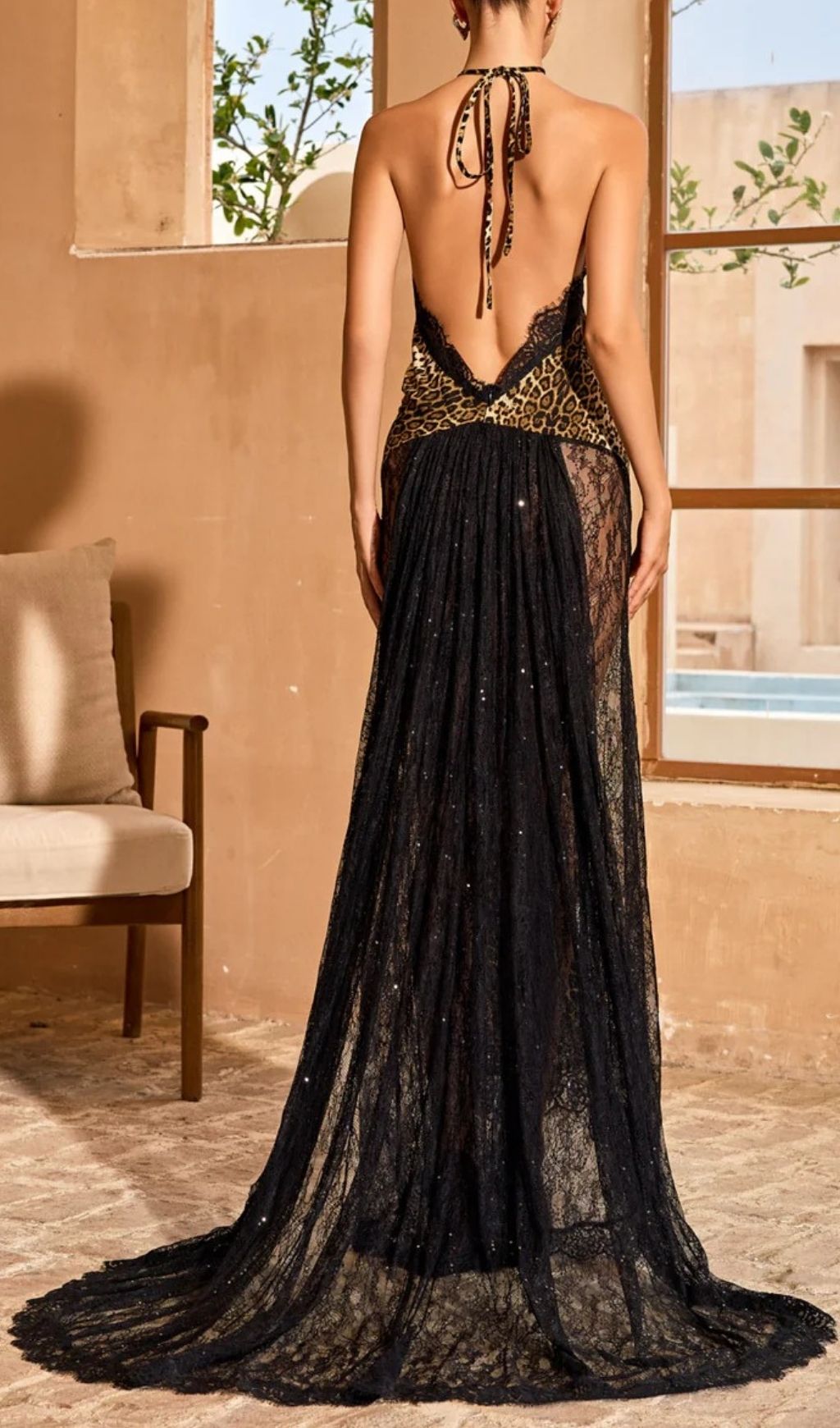 Mavek Backless Lace Leopard Maxi Dress