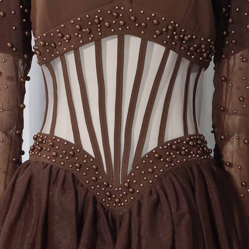Kaysar Coffee Brown Beaded Corset Gown | Elegant Tiered Mesh Maxi Dress