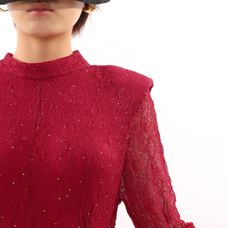 Stunning Ruby Red Sparkle Lace Maxi Dress - Long Sleeve Evening Gown