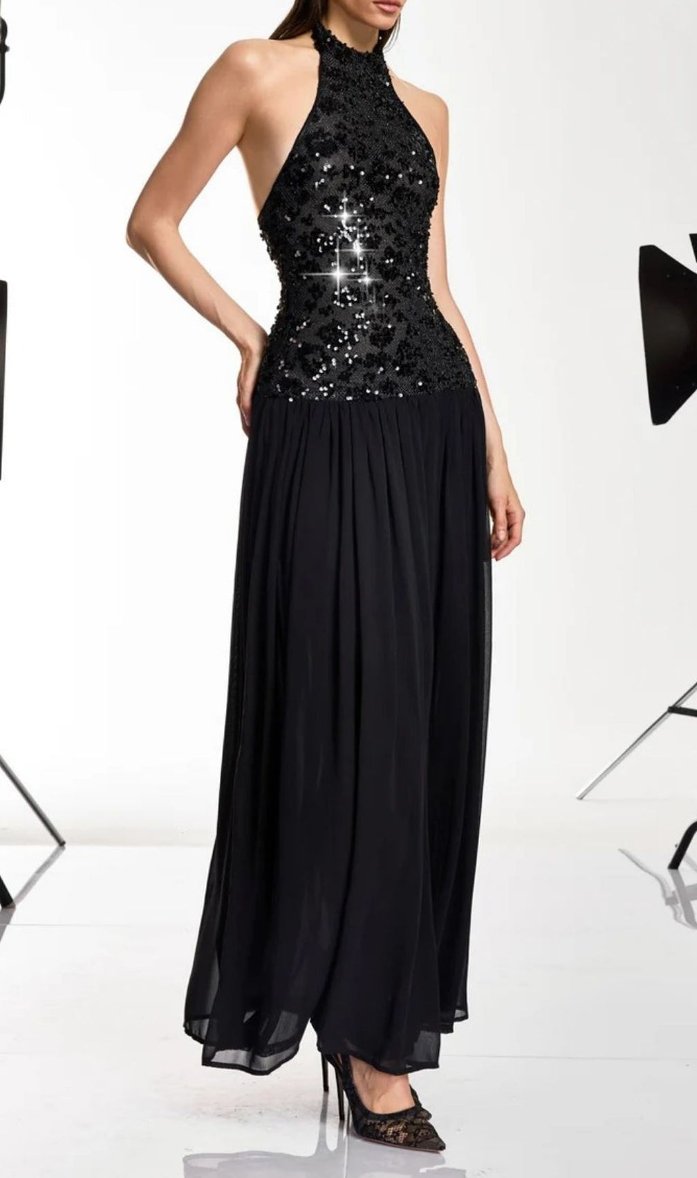 Keliro Women's Halter Neck Sequin Maxi Dress - Elegant Evening Gown