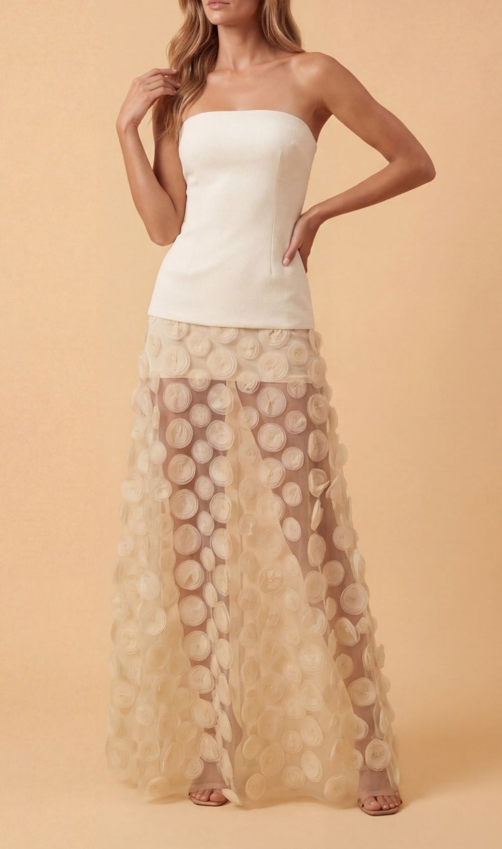 Keala Apricot Strapless Mesh Maxi Dress | Ethereal 3D Textured Gown