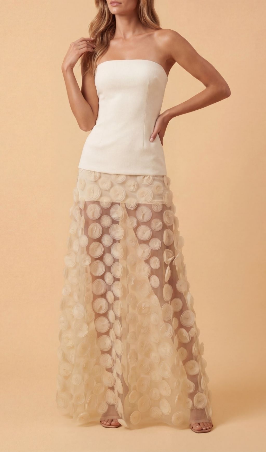 Keala Apricot Strapless Mesh Maxi Dress | Ethereal 3D Textured Gown