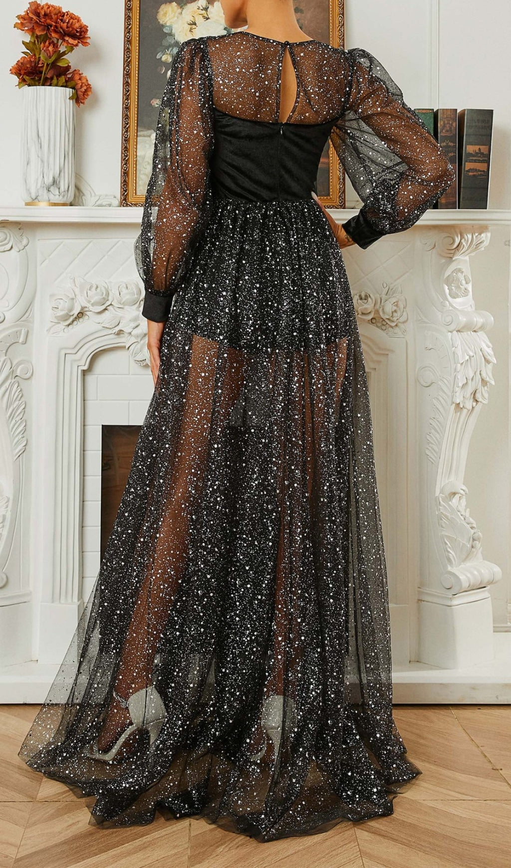 Catlyn Black Mesh Long Sleeve Maxi Dress