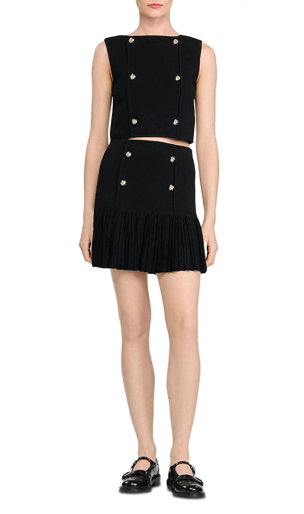 Chic Black Double-Breasted Ruffle Mini Skirt with Gold Buttons