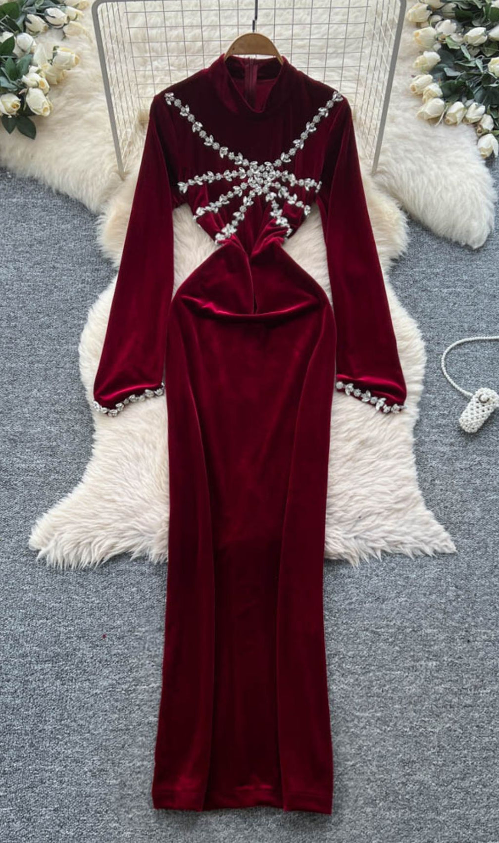 Isanne Velvet & Diamante Long Sleeve Maxi Dress - Your Dazzling Gala & Holiday Essential