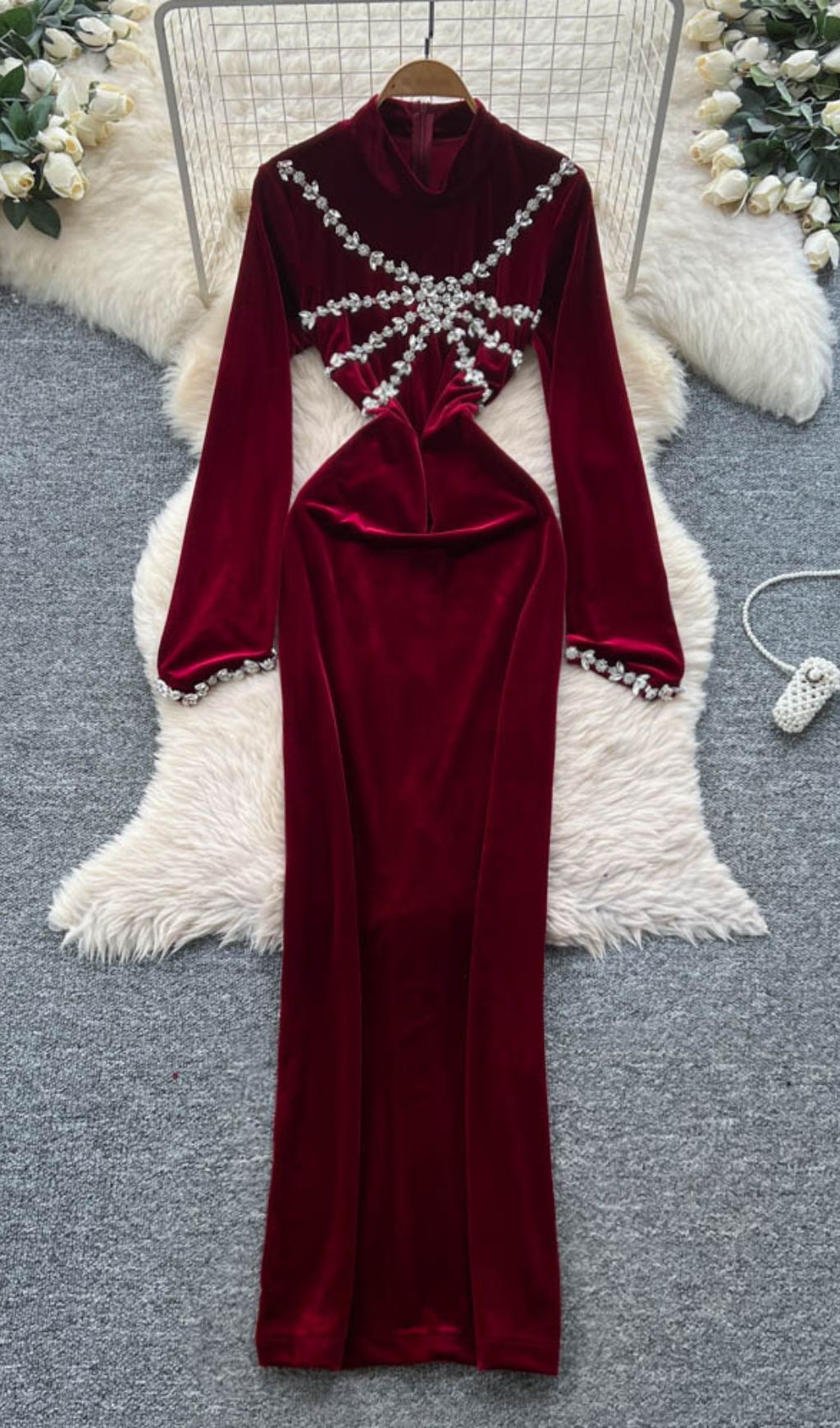 Isanne Velvet & Diamante Long Sleeve Maxi Dress - Your Dazzling Gala & Holiday Essential