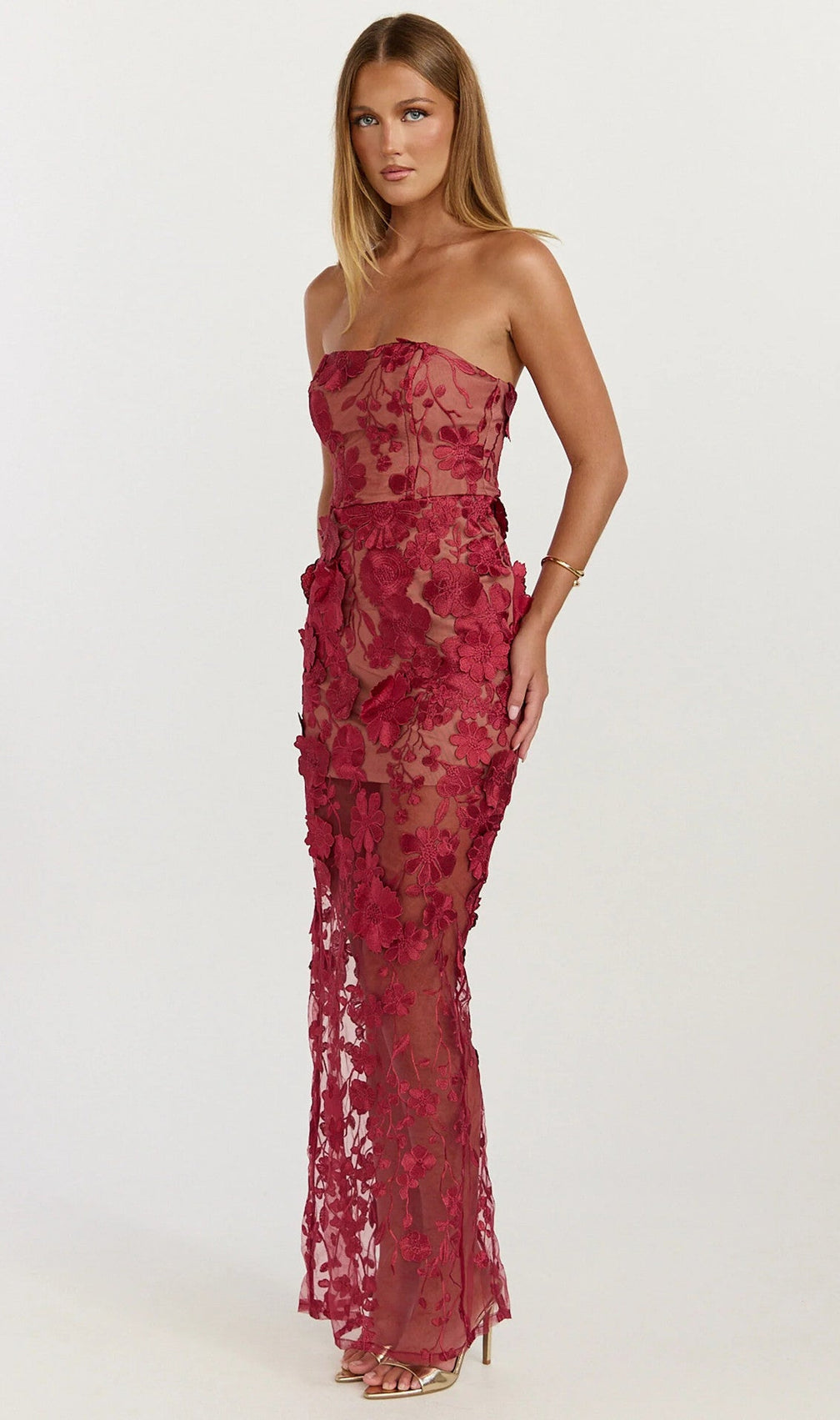 Strapless 3D Floral Mesh Maxi Dress