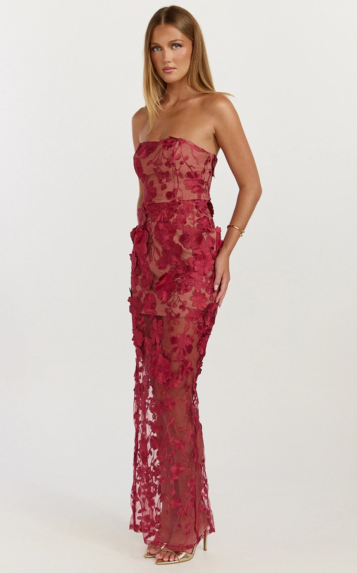 Strapless 3D Floral Mesh Maxi Dress