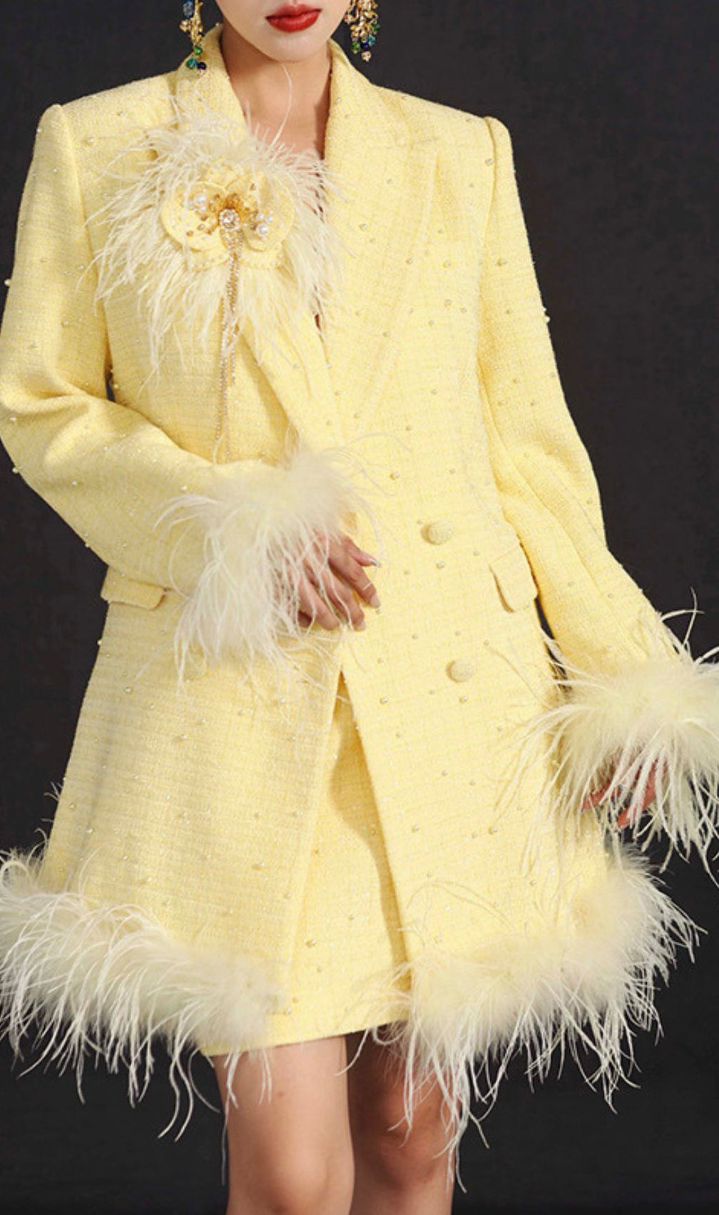 Hiba Luxe Yellow Tweed Feather Embellished Blazer Jacket