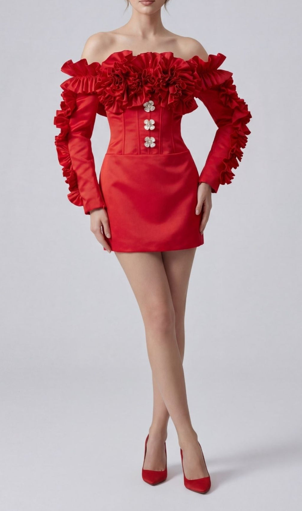 Kenna Red Ruffle Off-Shoulder Mini Dress with Floral Corset Bodice