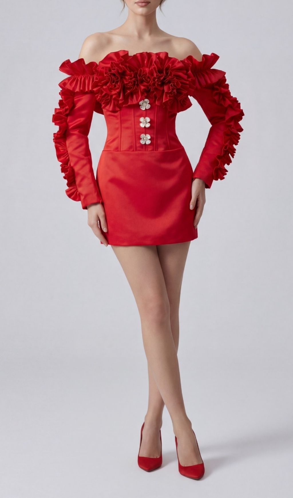 Kenna Red Ruffle Off-Shoulder Mini Dress with Floral Corset Bodice