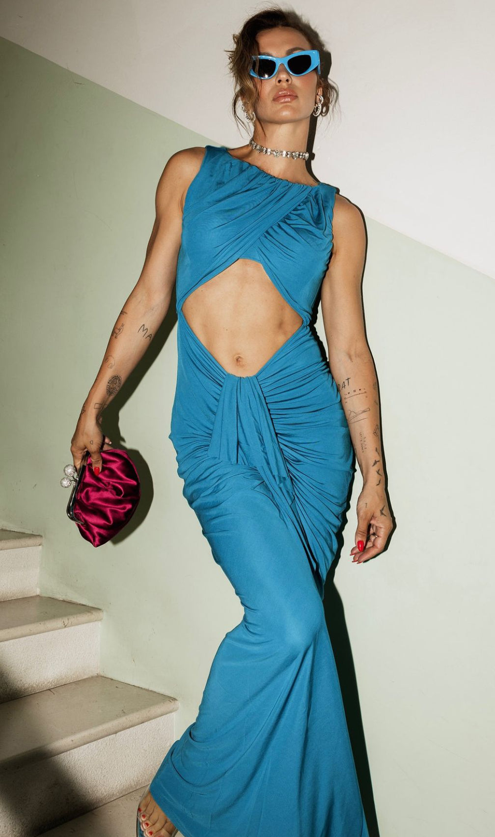 Henrik Blue Cutout Ruched Maxi Dress