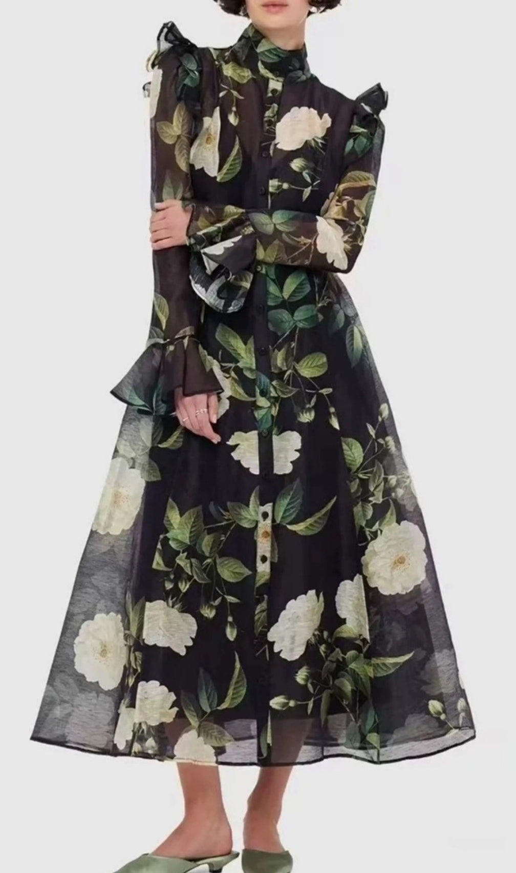 Eder Black Floral Long Sleeve Midi Dress