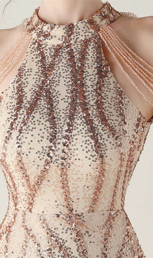 Ikra Glamour Halter Sequin High Slit Maxi Dress - Dazzling Evening Gown