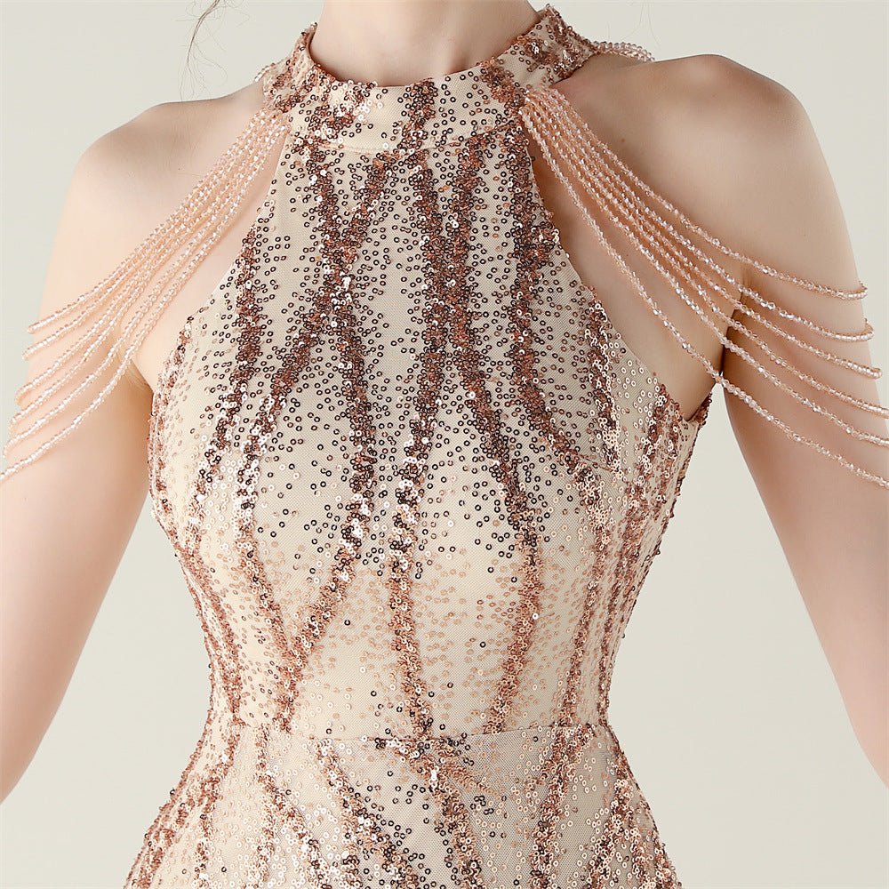 Ikra Glamour Halter Sequin High Slit Maxi Dress - Dazzling Evening Gown