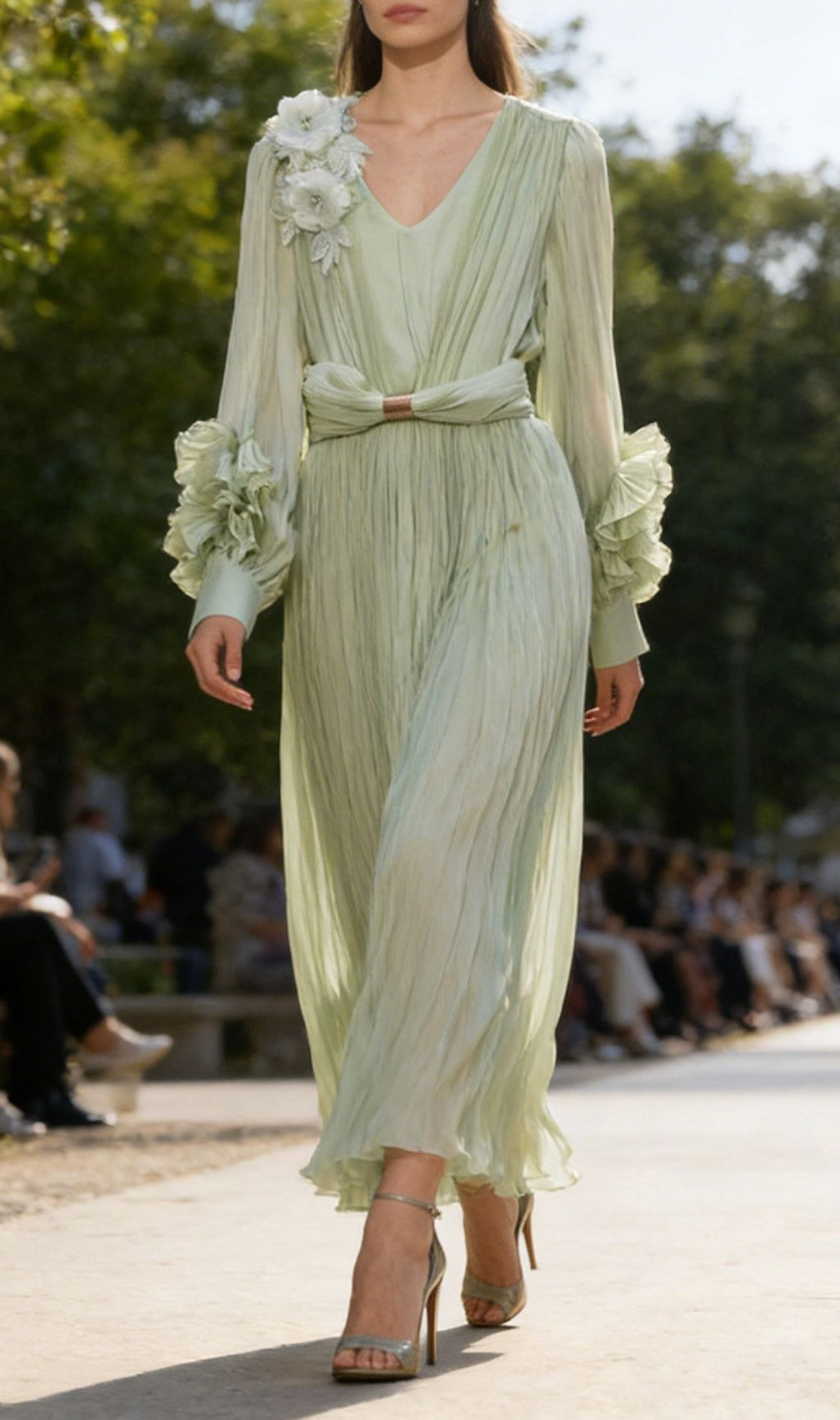 Khadija Elegant Sage Green Floral Pleated Maxi Dress