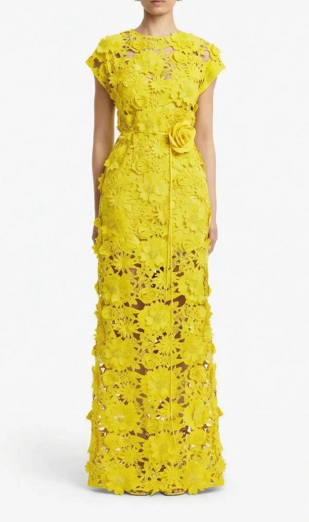 Kiera Radiant Yellow 3D Floral Lace Maxi Dress – Elegant Garden & Gala Gown