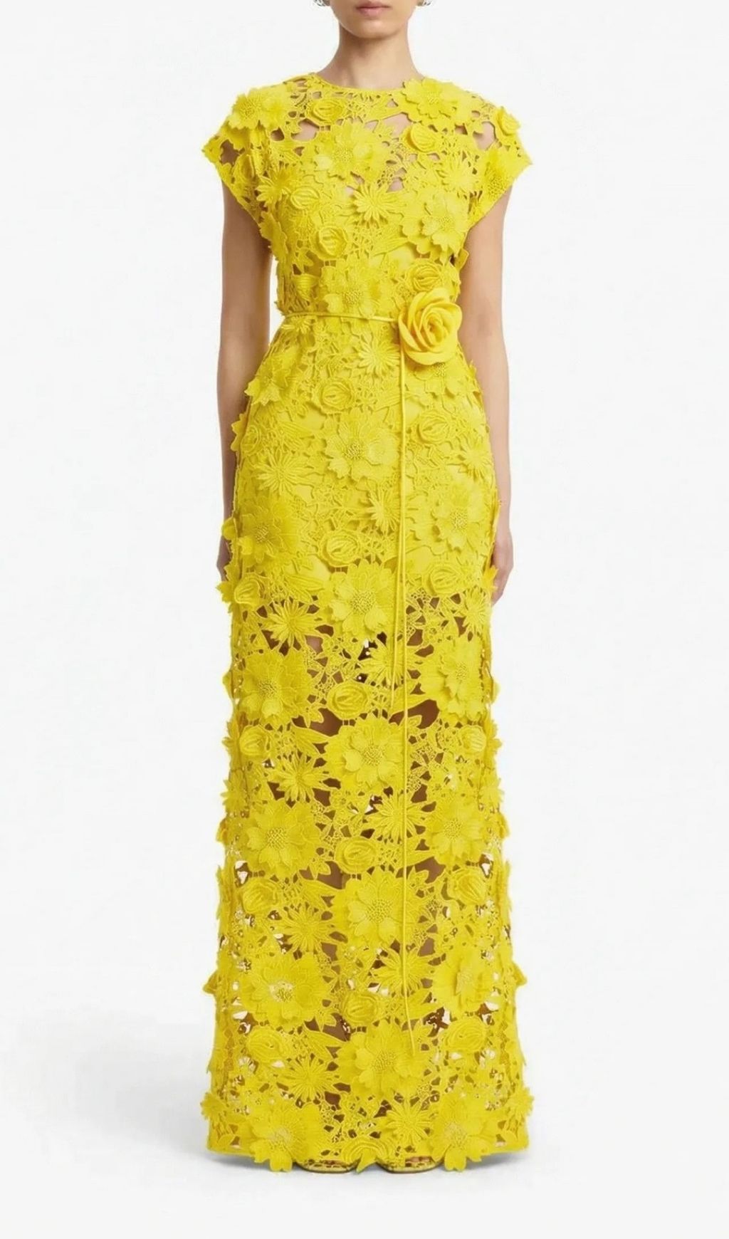 Kiera Radiant Yellow 3D Floral Lace Maxi Dress – Elegant Garden & Gala Gown