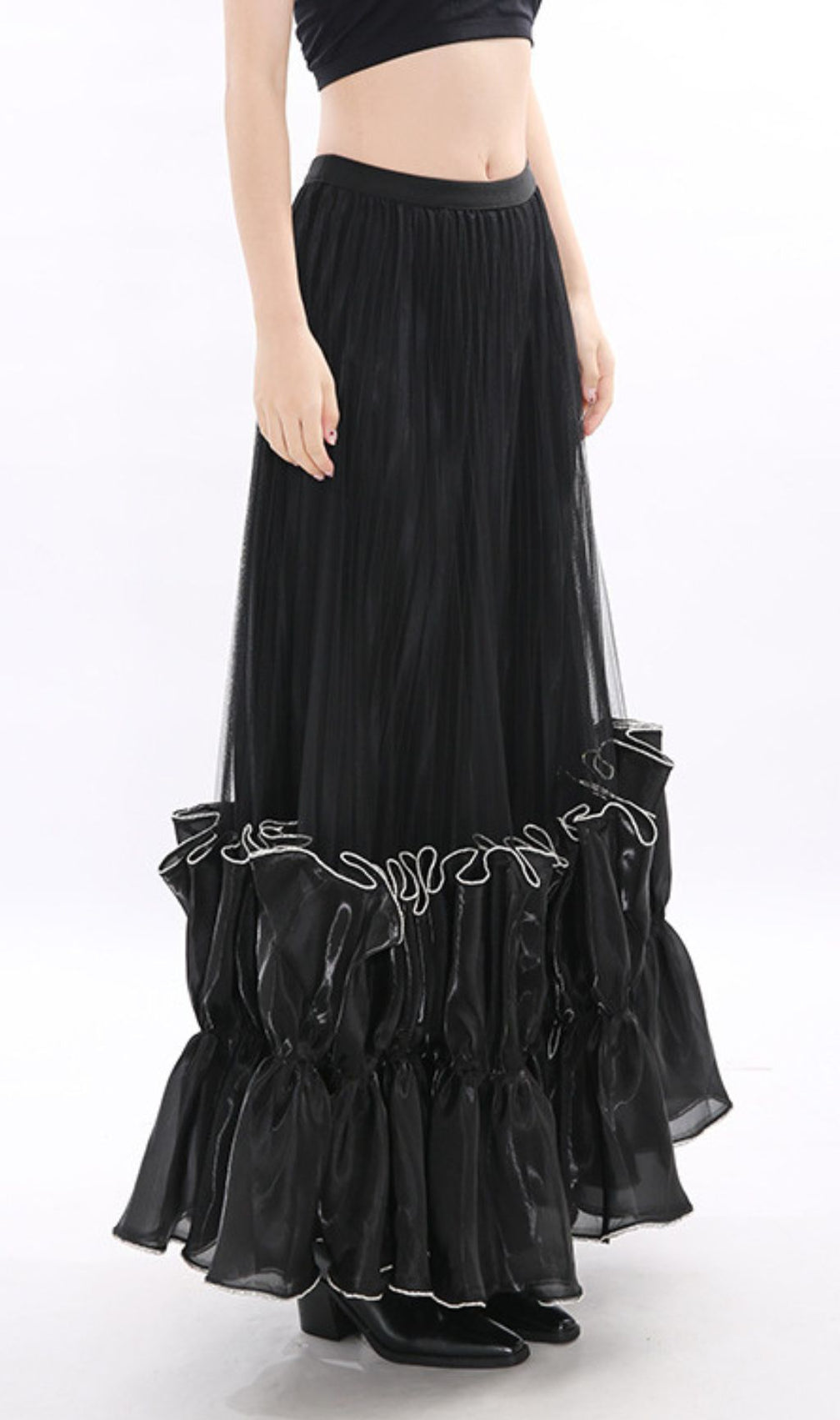 Jettie Black Sheer Mesh Maxi Skirt with Dramatic Ruffles