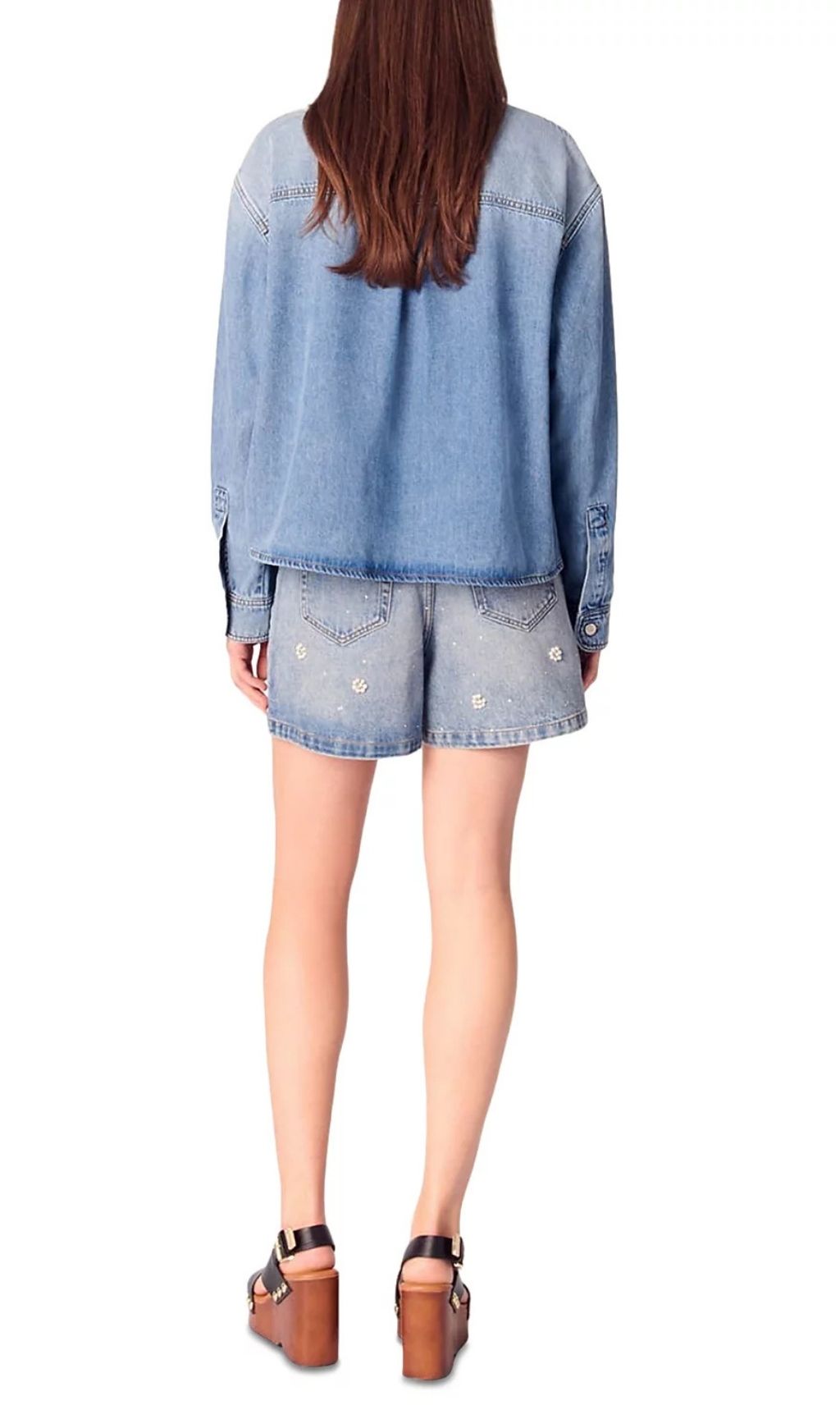 Chic Blossom Denim Shirt: Pearl & Rhinestone Embellished Button-Up for Women