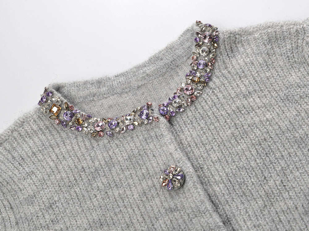 Henrike Luxe Grey Embellished Knit Top - Sparkling Short Sleeve Style