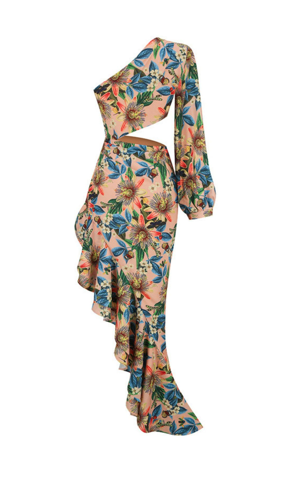 Javen Tropical Floral One-Shoulder Cutout High-Low Dress