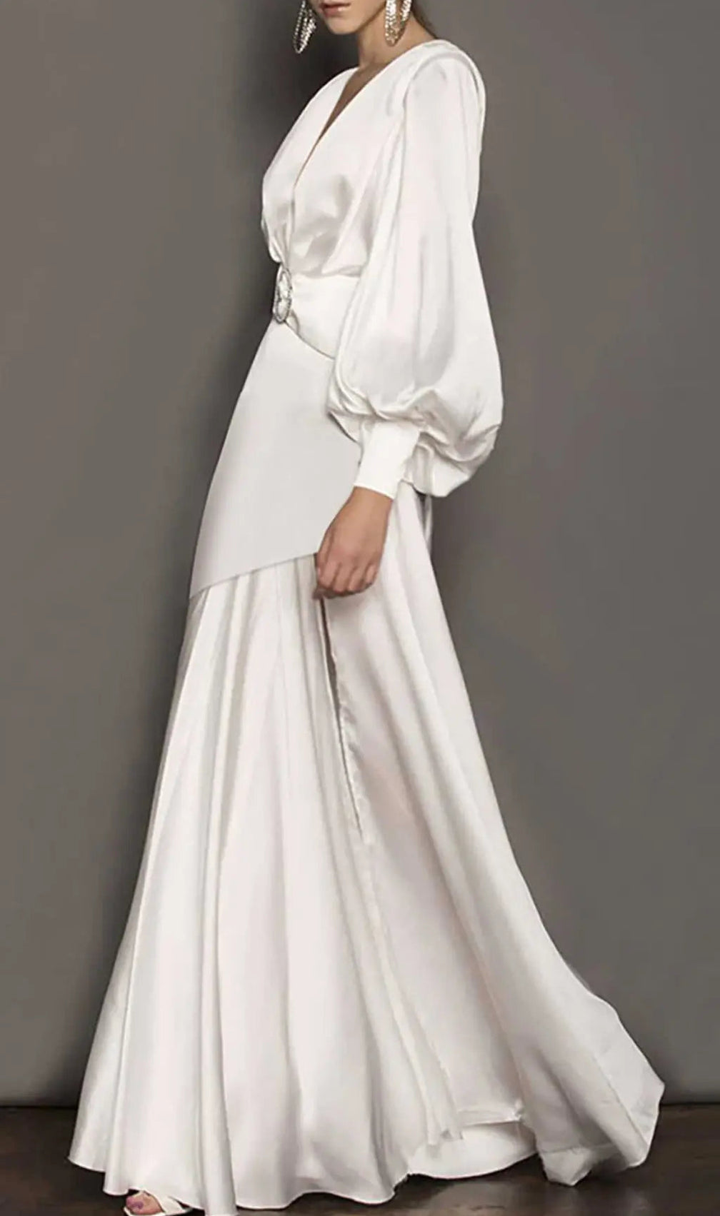 White Deep V Lantern Long Sleeve A-Line Dress