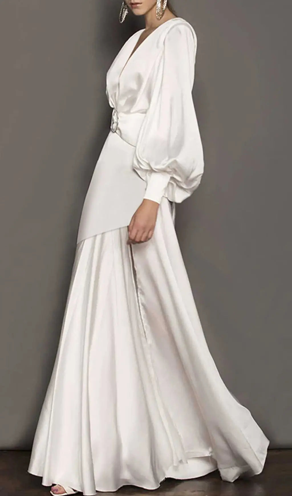 White Deep V Lantern Long Sleeve A-Line Dress